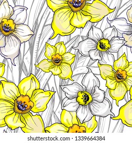 Botanical seamless pattern with silhouette of flowers daffodils, narcissus. Template for floral design wallpaper, interior and home fabrics, textile. Vector Illustration