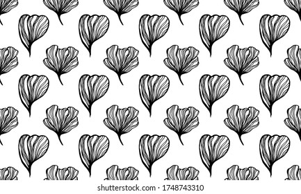 Botanical seamless pattern. Silhouette of hand drawn flower petals. Line art vector illustration. Element for greeting card, poster or wedding invitation design