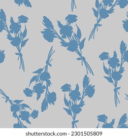 Botanical seamless pattern with silhouettes of flowers. Simple shapes. Monochrome. Vector backdrop.