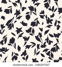 Botanical seamless pattern. Silhouettes forming spring blossom flowers with leaves. Simple nature motif in flat vintage style. Floral ornament for wallpaper, print, fabric and textile.