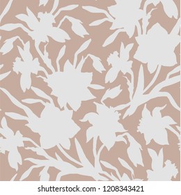 Botanical seamless pattern with silhouettes hand drawn flowers daffodils, narcissus on lbeige background. For wallpaper,  interior fabric, textile design.Vector Illustration