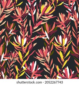 Botanical seamless pattern of silhouettes of protea flowers Australian flora in bright red tones on dark background. Perfect for textiles, sheets, surfaces, wallpapers, wrapping paper, decorations
