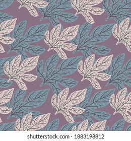 Botanical seamless pattern with simple grey and blue pastel leaf elements. Purple background. Designed for fabric design, textile print, wrapping, cover. Vector illustration