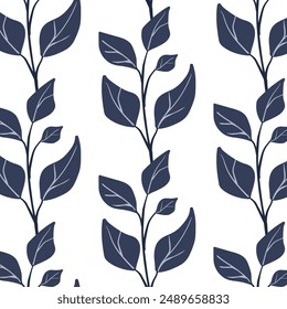 Botanical seamless pattern. Simple Plant. Silhouette of a branch, plant. White background. Ornament in Scandinavian style for wrapping paper, textiles.