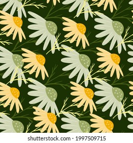 Botanical seamless pattern with simple style chamomile flowers print. Green dark background. Meadow print. Designed for fabric design, textile print, wrapping, cover. Vector illustration.