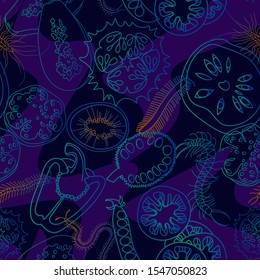 Botanical seamless pattern. Sliced vegetables and fruits. Сentipedes. Line drawing. 