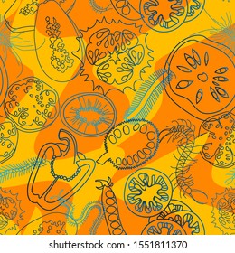 Botanical seamless pattern. Sliced vegetables and fruits. Сentipedes. Line drawing. 