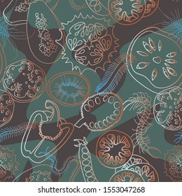 Botanical seamless pattern. Sliced vegetables and fruits. Сentipedes. Line drawing. 