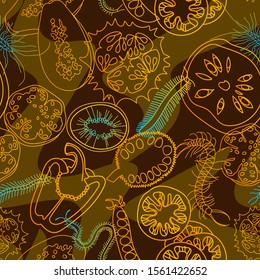 Botanical seamless pattern. Sliced vegetables and fruits. Сentipedes. Line drawing. 