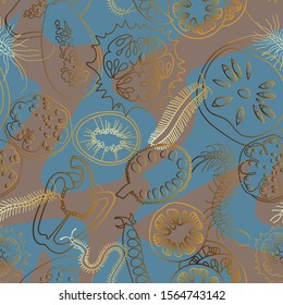 Botanical seamless pattern. Sliced vegetables and fruits. Сentipedes. Line drawing. 