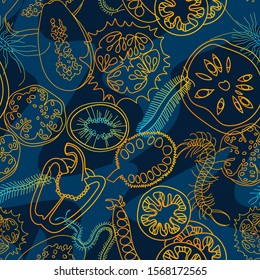 Botanical seamless pattern. Sliced vegetables and fruits. Сentipedes. Line drawing. 
