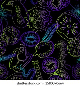 Botanical seamless pattern. Sliced vegetables and fruits. Сentipedes. Line drawing. 