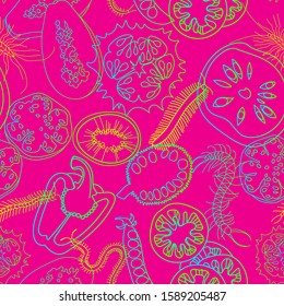 Botanical seamless pattern. Sliced vegetables and fruits. Сentipedes. Line drawing. 