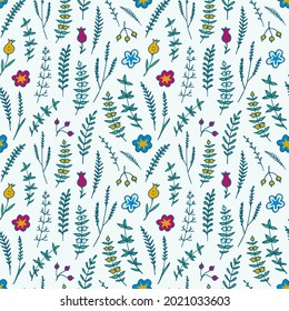 Botanical seamless pattern. Small red and blue flowers and leaves on a light background. Green branches. Small red and yellow berries.