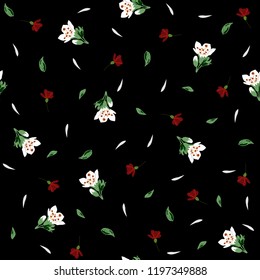 Botanical seamless pattern with small white and red flowers, leaves, petal scattered random. Hand drawing vector blossom floral illustration on black background. Good for fashion prints. Retro style