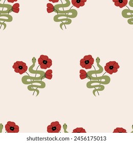 Patrón botánico sin costuras con serpientes y amapolas. Vector floral fondo vintage. Estampado místico bohemio