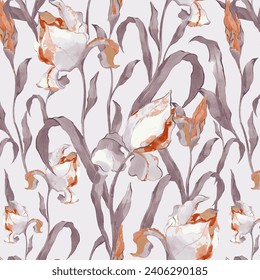 Botanical seamless pattern with soft colour irises, orchid and lily in a watercolor style