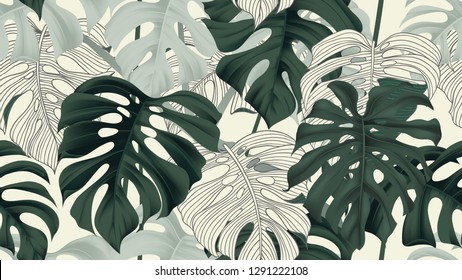 Botanical seamless pattern, split-leaf Philodendron plant on light yellow, pastel vintage theme