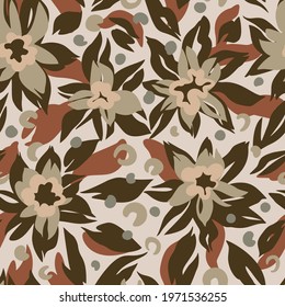 Botanical seamless pattern with stylized flowers. Camo military style. Trendy flat design.