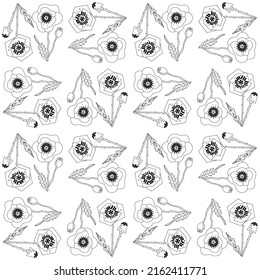 Botanical seamless pattern with stylized poppies. Floral modern vector print linear hand drawn