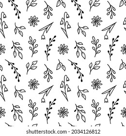 Botanical seamless pattern with tiny flowers and twigs. Abstract floral background. Vector hand-drawn illustration in doodle style.Perfect for cards, decoration, invitations, wrapping paper, wallpaper