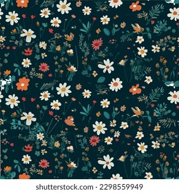 Botanical seamless pattern with tiny flowers on dark background