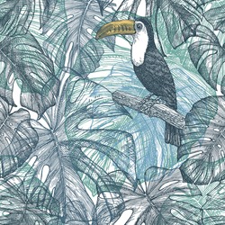 Botanical Seamless Pattern With  Toucans And Leaves Of Tropical Plants On White Background. Hand-drawn In Ink Outlines. Exotic Plants Mint Green And Blue Colours. Jungle Foliage Illustration. Paradise