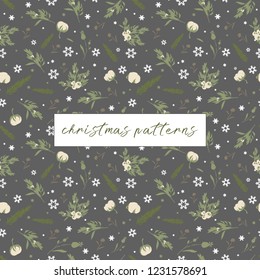 Botanical seamless pattern of traditional folk style with various plants and snowflakes on dark background