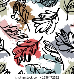 Botanical seamless pattern. Transparent tree leaves above abstract colorful blot forms with ragged borders. Sketch style plane drawing, vector floral background.