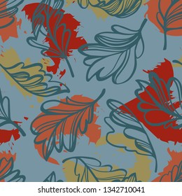 Botanical seamless pattern. Transparent tree leaves above abstract colorful blot forms with ragged borders. Sketch style plane drawing, vector floral background.
