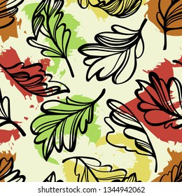 Botanical seamless pattern. Transparent tree leaves above abstract colorful blot forms with ragged borders. Sketch style plane drawing, vector floral background.