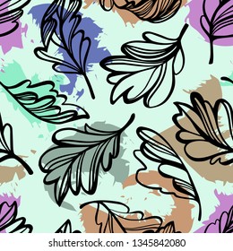 Botanical seamless pattern. Transparent tree leaves above abstract colorful blot forms with ragged borders. Sketch style plane drawing, vector floral background.