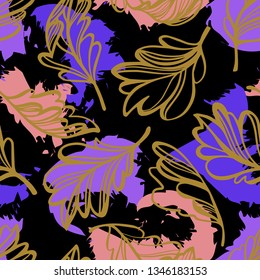 Botanical seamless pattern. Transparent tree leaves above abstract colorful blot forms with ragged borders. Sketch style plane drawing, vector floral background.