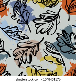 Botanical seamless pattern. Transparent tree leaves above abstract colorful blot forms with ragged borders. Sketch style plane drawing, vector floral background.