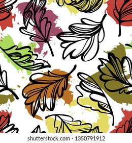 Botanical seamless pattern. Transparent tree leaves above abstract colorful blot forms with ragged borders. Sketch style plane drawing, vector floral background.