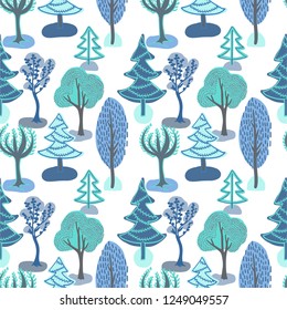 Botanical seamless pattern with trees. Vector illustration. The theme of winter. Template for Wallpaper, postcard, paper, fabric, web page.Drawing spots.