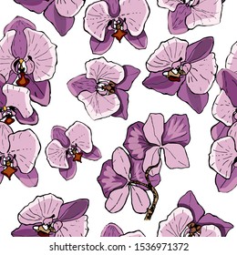 Botanical seamless pattern with tropical leaves, orchids on a white background. Background design for cosmetics, spa, weddings, web pages. Best for Hawaiian print style, wrapping paper.