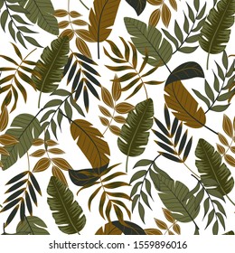 Botanical seamless pattern with tropical leaves on white background. Floral tropical background with leaves, jungle leaf. Vector background for various surface. Exotic wallpaper, beautiful print.