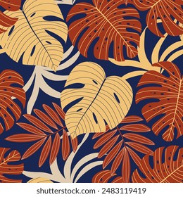 Botanisches nahtloses Muster. Tropische Blätter und Pflanzen auf blauem Hintergrund. Vektorgrafik Design für verschiedene Flächen. Blumenmuster. Dschungelblätter. Kreativer abstrakter Hintergrund.