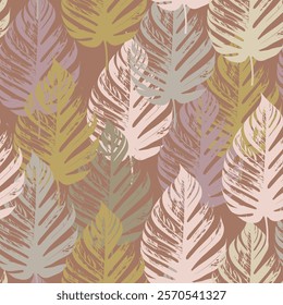 Botanical seamless pattern. Tropical leaves directed vertically upward on a brown background. Shades of earthy green, lilac and pale beige.