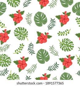 Botanical seamless pattern. Tropical palm leaves, monstera, hibiscus jungle leaf vector seamless floral summer pattern background