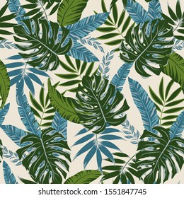 Botanical seamless pattern with tropical plants and leaves on white background. Illustration in Hawaiian style. Jungle leaves. Exotic wallpaper. Vector background for various surface. 