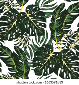 Patrón botánico sin fisuras con plantas tropicales y hojas sobre fondo blanco. Ilustración al estilo hawaiano. Hojas de la jungla. Papel pintado exótico. Fondo vectorial para varias superficies.