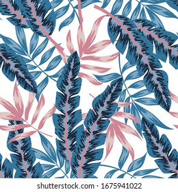 Botanical seamless pattern with tropical plants and leaves on white background. Illustration in Hawaiian style. Jungle leaves. Exotic wallpaper. Vector background for various surface.