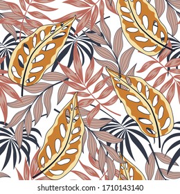 Patrón botánico sin fisuras con plantas tropicales y hojas sobre fondo blanco.  Hojas de la jungla. Papel pintado exótico. Fondo vectorial para varias superficies. Patrón floral.