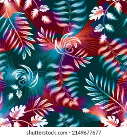 botanical seamless pattern with tropical plants and foliage on abstract background. colorful tropical wallpaper pattern. Contour drawing. Fashion design for textile and fabric, wrapping, any surface