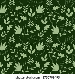 Botanical seamless pattern, twigs with leaves, different types of plants