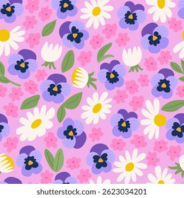 Padrão botânico sem emenda com vários botões de flores. Vetor floral na moda plano de fundo. Pansias, camomila e margaridas