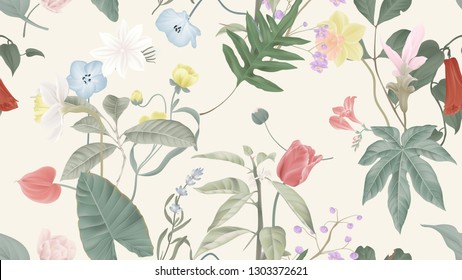 Botanical seamless pattern, various flowers and leaves on light brown, pastel vintage theme