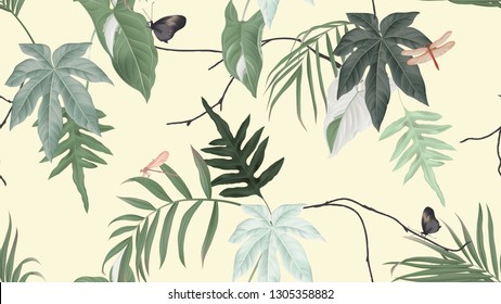 Botanical seamless pattern, various green leaves with butterfly and dragonfly on light yellow, pastel vintage theme